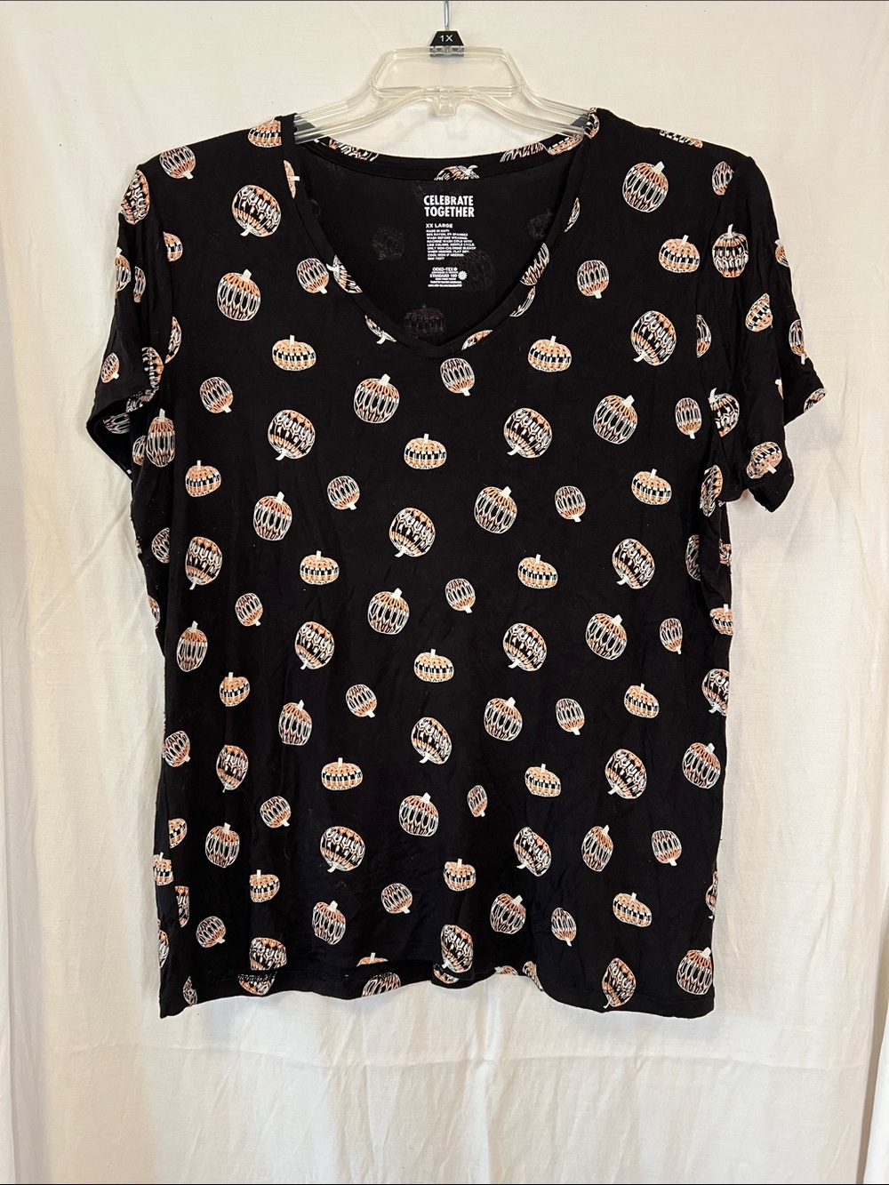 Black Pumpkin Print V-Neck Women's Top